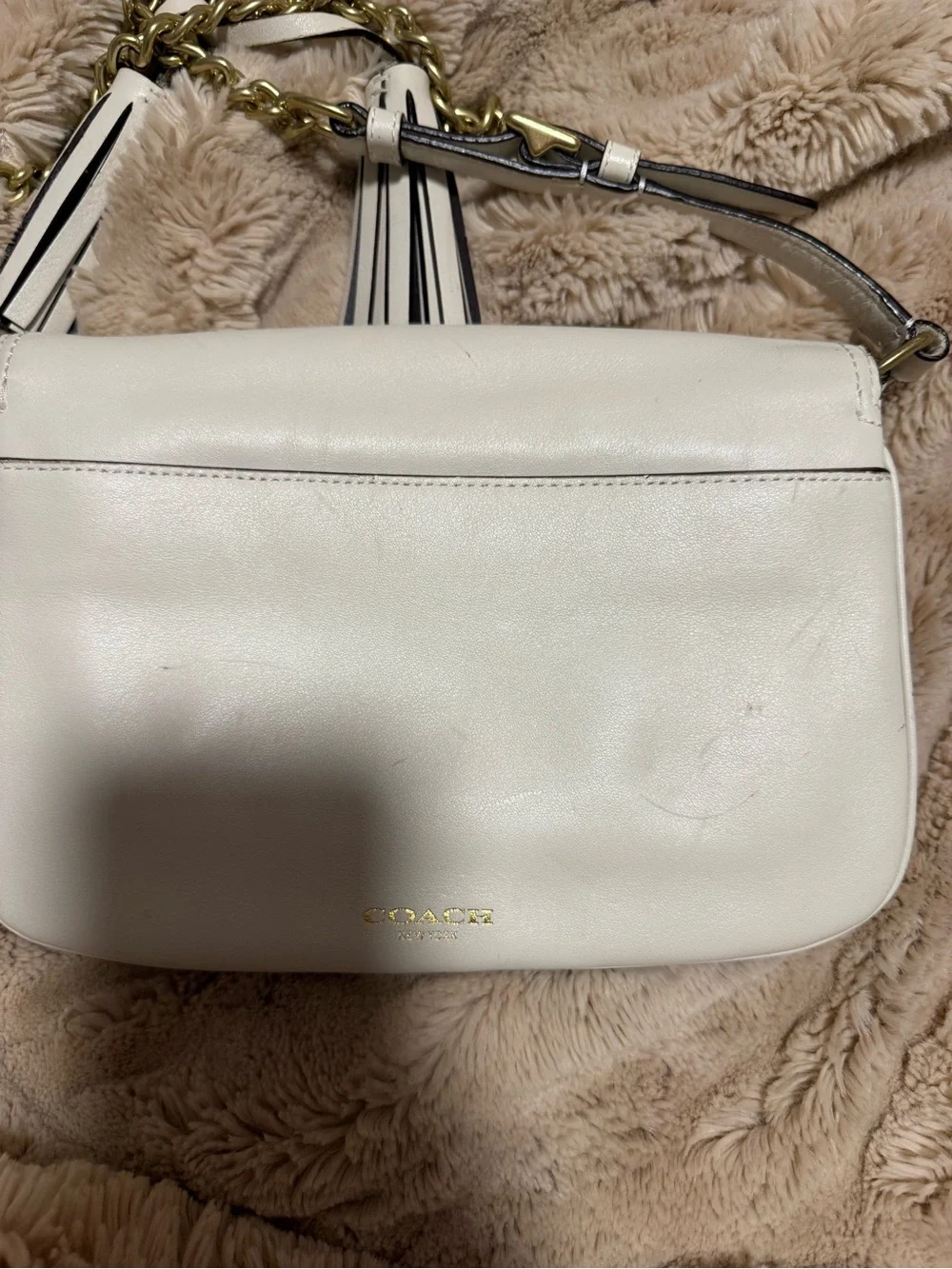 Coach Ivory Leather Crossbody with Gold Chain and Tassel